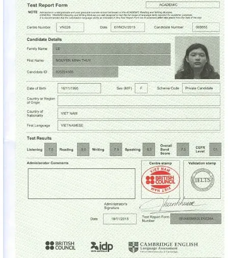 Kết quả điểm thi IELTS – Học viên Lê Nguyễn Minh Thùy